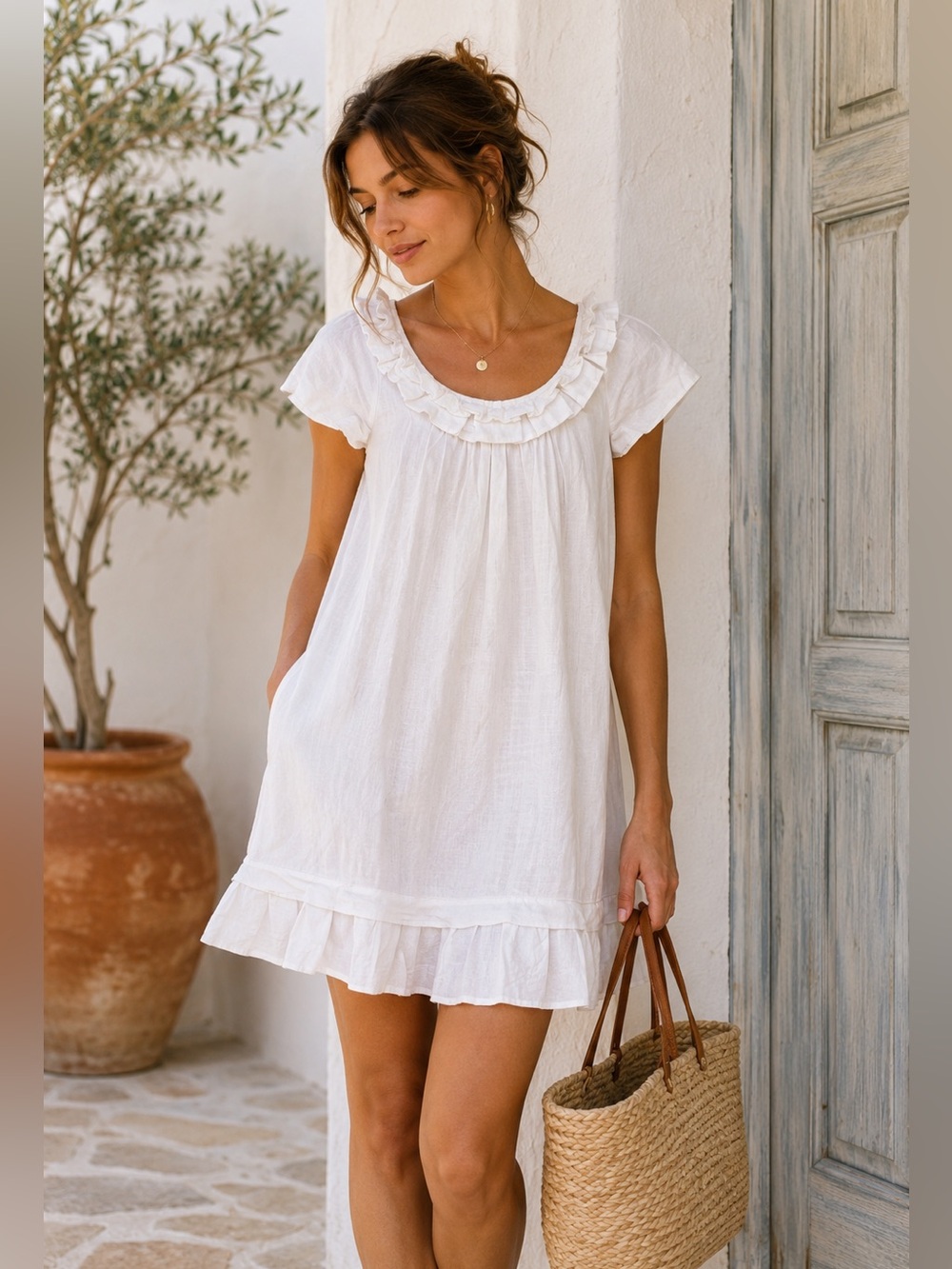 White Ruffled Short Sleeve Summer Dress